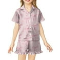 thumbnail image 1 of Abcomgle Girls Summer Pajamas Size 10-12 Bownot Print Girls' Sleepwear Silk Button Down Short Sleeve Tshirt with Ruffle Pajama Shorts Girls Preppy Summer Pajamas for Kids 14-15 Years,Pink, 1 of 7