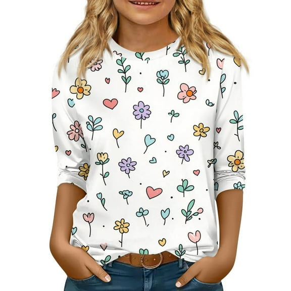 Abcomgle Girls Summer Tshirts 4-16 Crewneck 3/4 Sleeve Floral Print Toddler Tops Girls Summer Fashion Cotton Loose Tshirt Cute Girls Blouse 9-10 Years,Pink