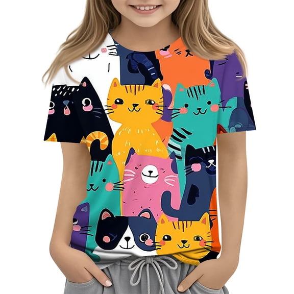 Abcomgle Girls Summer Tshirts 4-16 Crewneck Cat Print Tshirts Toddler Short Sleeve Girls Shirts Summer Trendy Cotton Toddler Tops Girls,Ginger,9-10Years