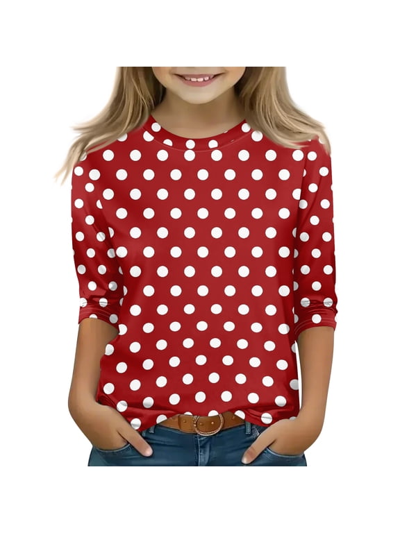 Girls Summer Tshirts 4-16 Summer 3/4 Sleeve Girls Shirts Polka Dot Toddler T-Shirt Fashion Crewneck Cotton Tee Tops Girls