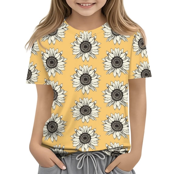 Abcomgle Girls Sunflower Shirts Crewneck Sunflower Print Tshirt Short Sleeve Girls Shirts Summer Cute Cotton Tee Tops Girls,Khaki