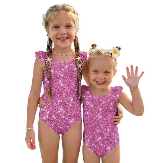 Abcomgle Girls Swimsuit Size 6 Stretchy One Piece Girls Swimsuit Cute Glitter Sequin Graphic Ruffled Bathing Suits for Girls