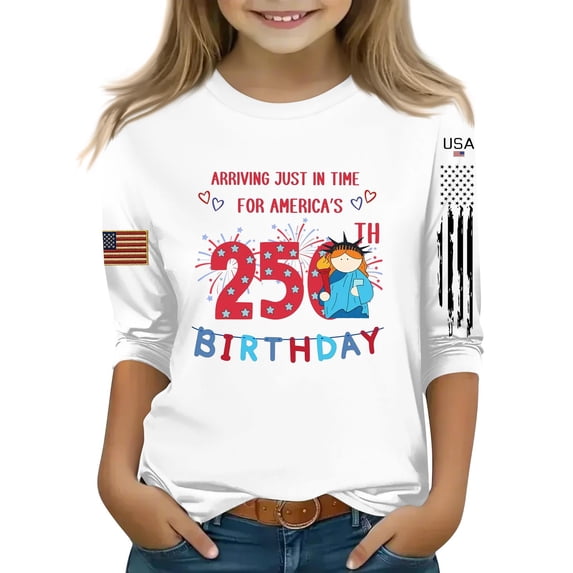 Abcomgle Girls T Shirts 3/4 Sleeve Patriotic T Shirt 4th Of July T-Shirt Crewneck 250th Birthday Print Tee Shirts Independent Day Tops,White,5-6Years
