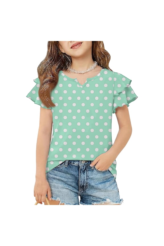 Girls Tee Shirts 10-12 Crewneck Double Layer Ruffle Short Sleeve Polka Dot Tee Tops Girls Summer Casual Cotton Tshirts Toddler Cute Girls Blouse