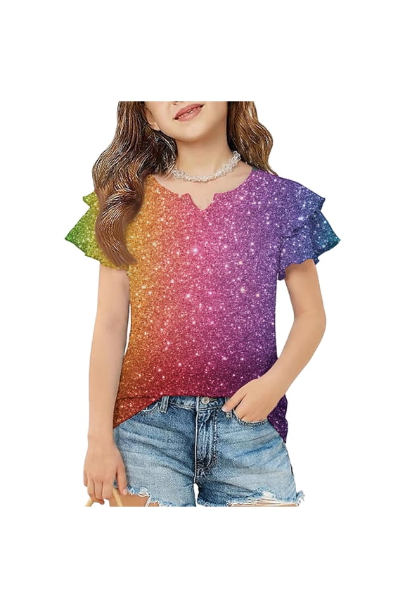 Girls Tee Shirts 10-12 Crewneck Glitter Sequin Graphic Tshirts Toddler Double Layer Ruffle Short Sleeve Girls Shirts Summer Casual Cotton Tee Tops Girls
