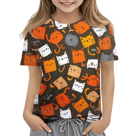 Abcomgle Girls Tee Shirts 10-12 Summer Short Sleeve Toddler T-Shirt Cat Print Toddler Girls T-Shirts Cute Crewneck Cotton Tee Tops Girls,Gold,2-3Years