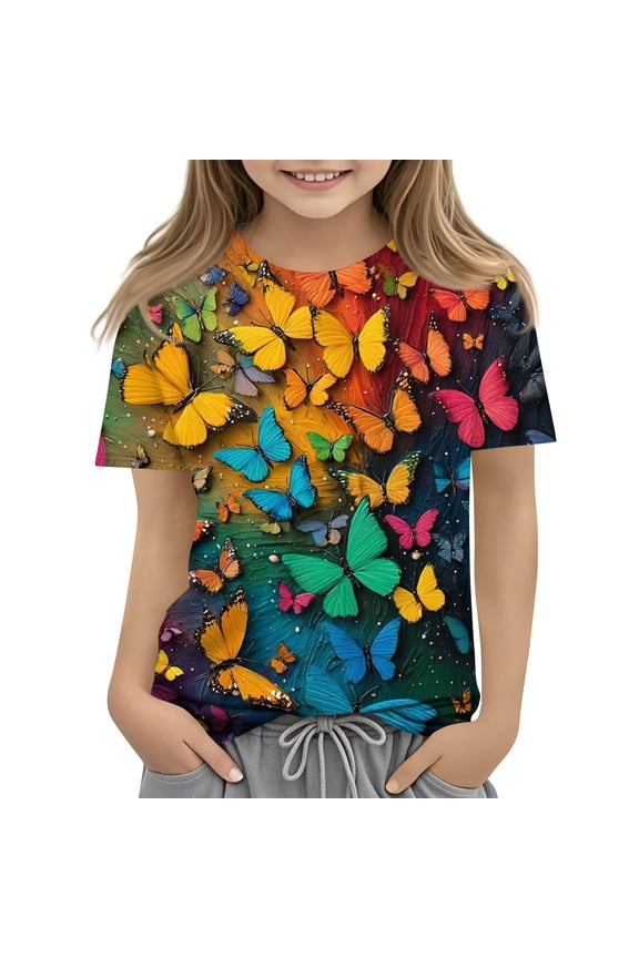 Girls Tee Shirts 7-16 Crewneck Butterfly Print Tshirt Short Sleeve Toddler Girls T-Shirts Summer Cute Cotton Toddler Tops Girls,Orange,3-4Years