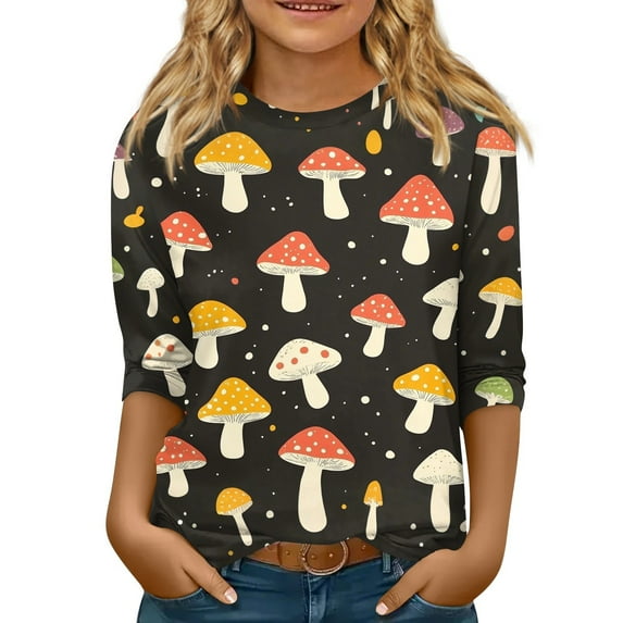 Abcomgle Girls Shirts Size 7-8 Crewneck Mushroom Graphic Toddler Girls T-Shirts 3/4 Sleeve Girls Shirts Summer Fashion Cotton Loose Tee Tops Girls 9-10 Years,Black