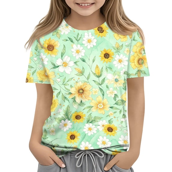 Abcomgle Girls Tee Shirts 7-16 Crewneck Sunflower Watercolor Blooms Tshirts Toddler Short Sleeve Tshirt Summer Casual Cotton Toddler Tops Girls