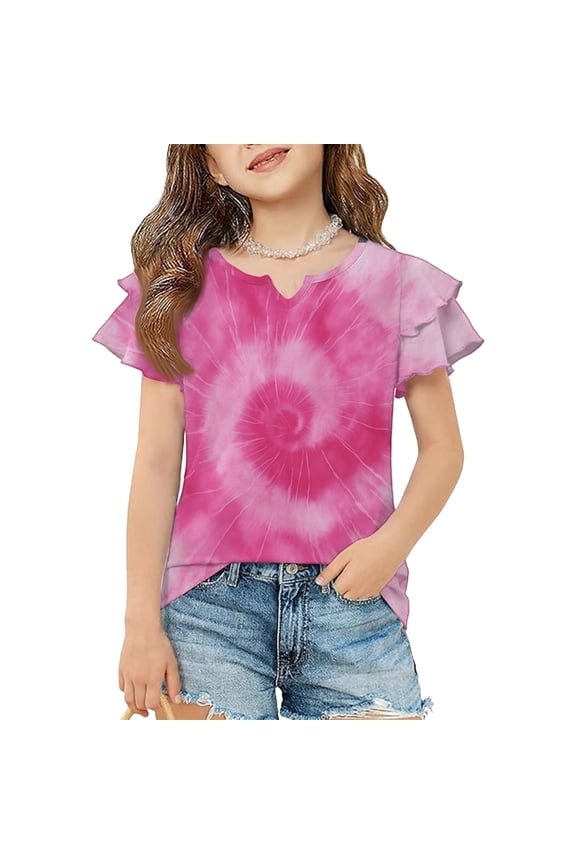 Girls Tee Shirts 7-16 Summer Double Layer Ruffle Short Sleeve Toddler T-Shirt Tie Dye Girls Shirts Trendy Crewneck Cotton Tops