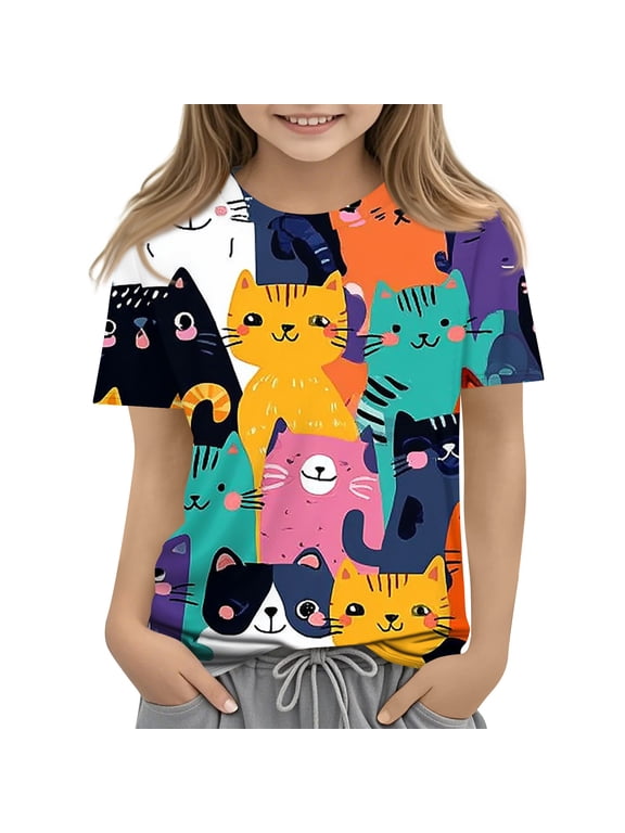 Girls Tee Shirts 7-16 Summer Short Sleeve Toddler Girls T-Shirts Cat Print Girls Shirts Casual Crewneck Cotton Tops,Ginger,7-8Years