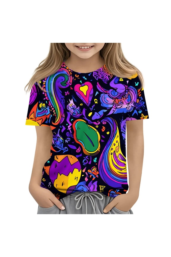 Girls Tee Shirts 7-16 Summer Short Sleeve Toddler T-Shirt Colorful Graffiti Print Toddler Girls T-Shirts Cute Crewneck Cotton Toddler Tops Girls,Royal Blue,3-4Years