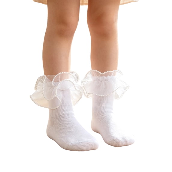 Abcomgle Girls Toddler Little Girls White Ruffle Socks Dress Lace Frilly | Lace Embroidery Flower Ruffle, 2-8Y Girls Frilly Dress Socks, Uniforms and Formal Dresses, Soft Comfortable Cotton White