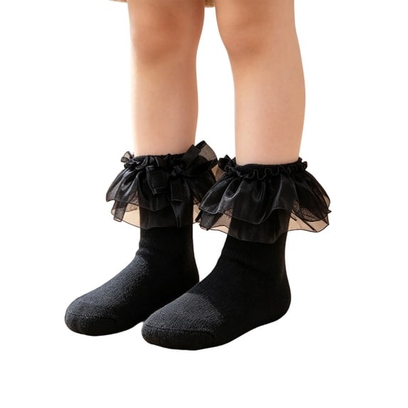 Abcomgle Girls Toddler Little Girls White Ruffle Socks Dress Lace Frilly | Lace Embroidery Flower Ruffle, 2-8Y Girls Frilly Dress Socks, Uniforms and Formal Dresses, Soft Comfortable Cotton Black
