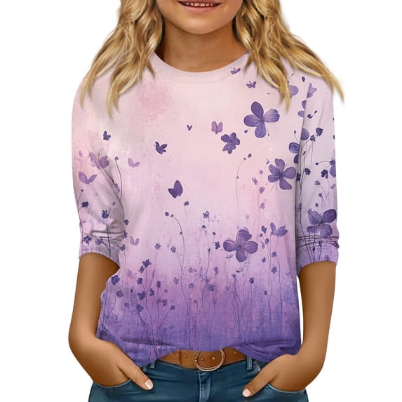 Abcomgle Tshirts for Kids Girls Crewneck Butterfly Graphic Toddler T-Shirt 3/4 Sleeve Girls Shirts Summer Dressy Cotton Loose Tops 13-14 Years,Purple