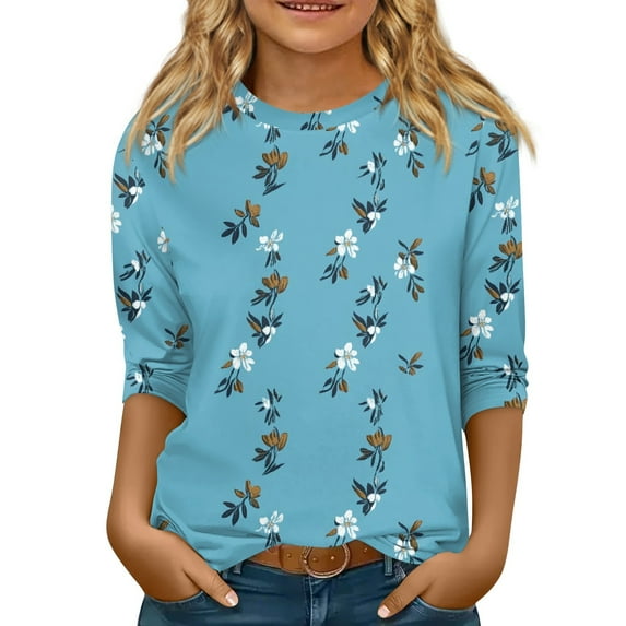 Abcomgle Girls Top 10-12 Crewneck 3/4 Sleeve Vintage Floral Graphic Tshirt Summer Dressy Cotton Loose Girls Blouse Cute Toddler Girls T-Shirts 5-6 Years,Blue