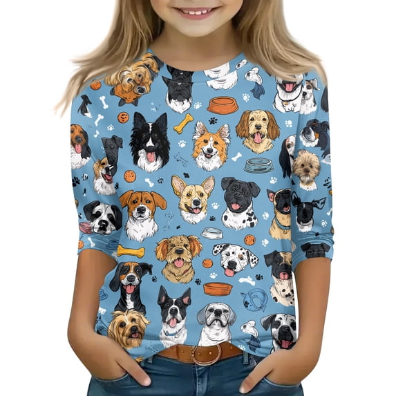 Abcomgle Girls Top 10-12 Crewneck Dog Graphic Toddler Girls T-Shirts Summer 3/4 Sleeve Girls Shirts Cute Cotton Tops