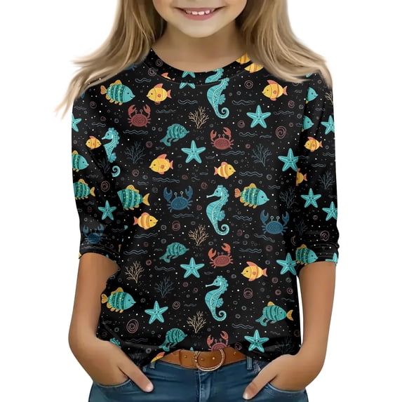 Abcomgle Girls Top 7-16 Crewneck 3/4 Sleeve Ocean Animal Graphic Tshirts Toddler Summer Fashion Cotton Girls Blouse Cute Girls Shirts