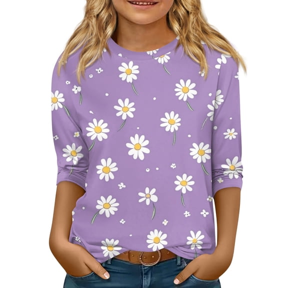 Abcomgle Girls Top 7-16 Crewneck Daisy Floral Print Tshirts Toddler Summer 3/4 Sleeve Girls Shirts Casual Cotton Loose Tops 10-12 Years,Purple