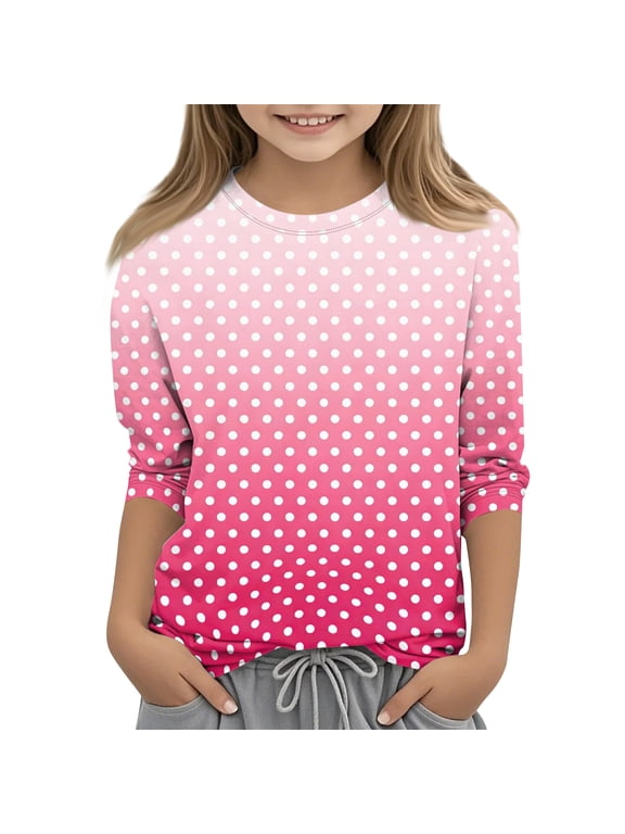Girls Top 7-16 Crewneck Gradient Polka Dot Toddler T-Shirt Summer 3/4 Sleeve Girls Shirts Casual Cotton Tee Tops Girls