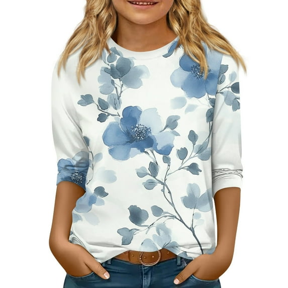 Abcomgle Girls Top 14-16 Crewneck Vintage Floral Graphic Tshirt Summer 3/4 Sleeve Toddler T-Shirt Cute Cotton Loose Toddler Tops Girls 14-16 Years,Blue