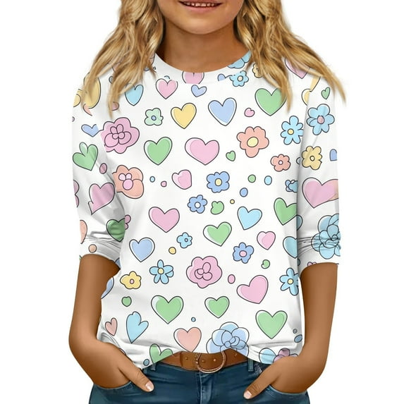 Abcomgle Girls Tops Size 10-12 Clearance Crewneck Floral Print Toddler Girls T-Shirts Summer 3/4 Sleeve Tshirt Dressy Cotton Loose Toddler Tops Girls 7-8 Years,Multicolor