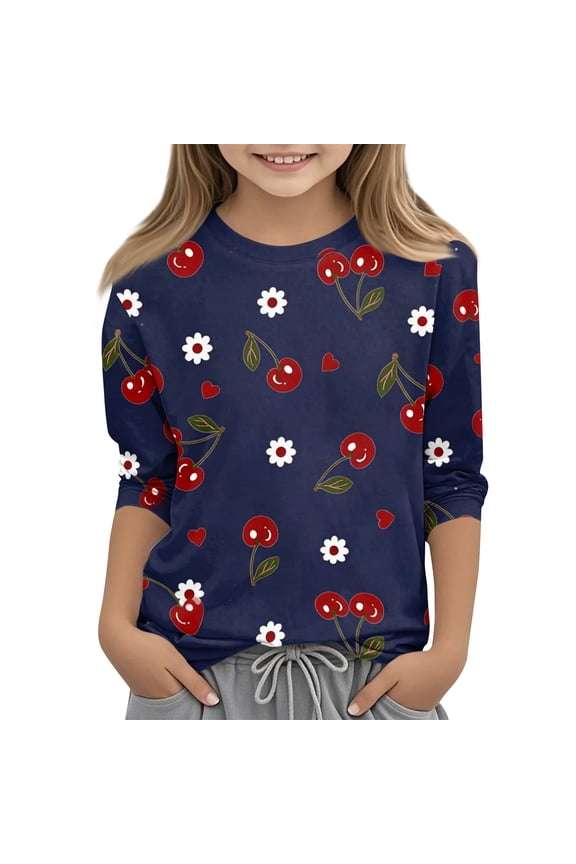 Girls Tops Size 10-12 Crewneck Daisy Flower Cherry Print Toddler Girls T-Shirts Summer 3/4 Sleeve Toddler T-Shirt Dressy Cotton Tee Tops Girls