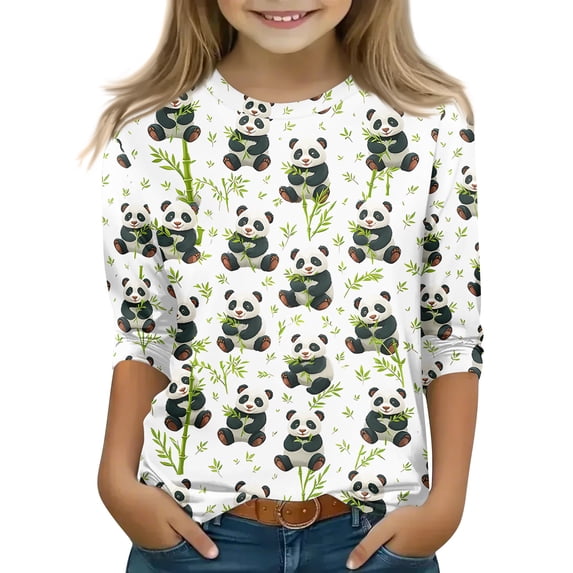 Abcomgle Girls Tshirts 6-7 Years Old Summer 3/4 Sleeve Tshirts Toddler Panda Graphic Toddler Girls T-Shirts Casual Crewneck Cotton Tops