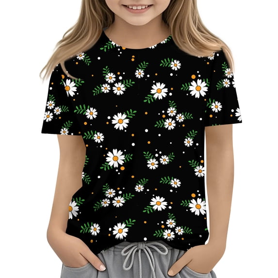 Abcomgle Girls Tshirts 7-8 Years Old Crewneck Daisy Flower Print Toddler T-Shirt Short Sleeve Girls Shirts Summer Casual Cotton Tee Tops Girls,Multicolor