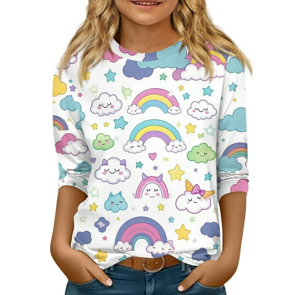 Abcomgle Girls Tshirts 7-8 Years Old Crewneck Rainbow Graphic Toddler T-Shirt 3/4 Sleeve Girls Shirts Summer Dressy Cotton Loose Toddler Tops Girls 13-14 Years,Multicolor