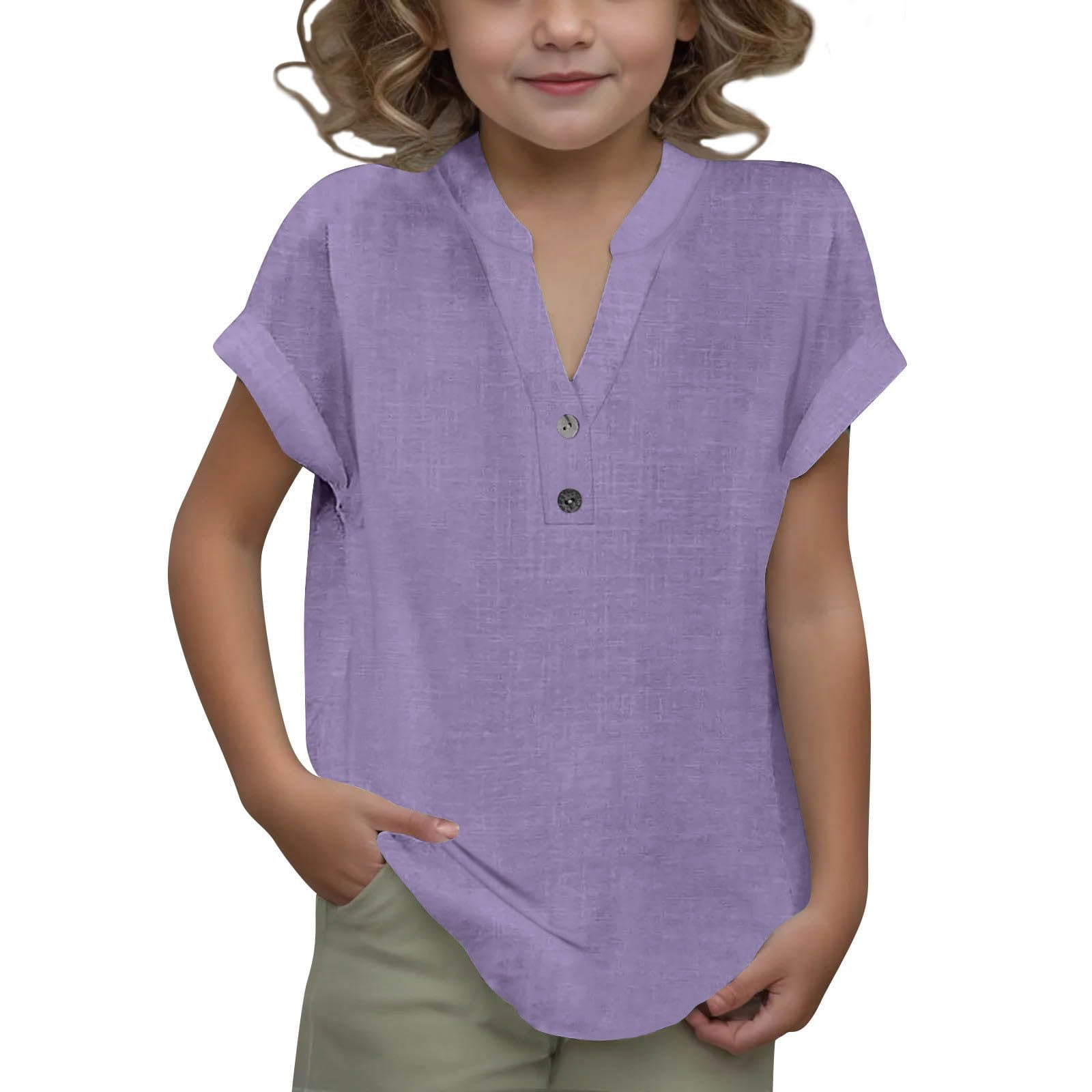 Abcomgle Girls Tshirts 7-8 Years Old V Neck Short Sleeve Button Down ...