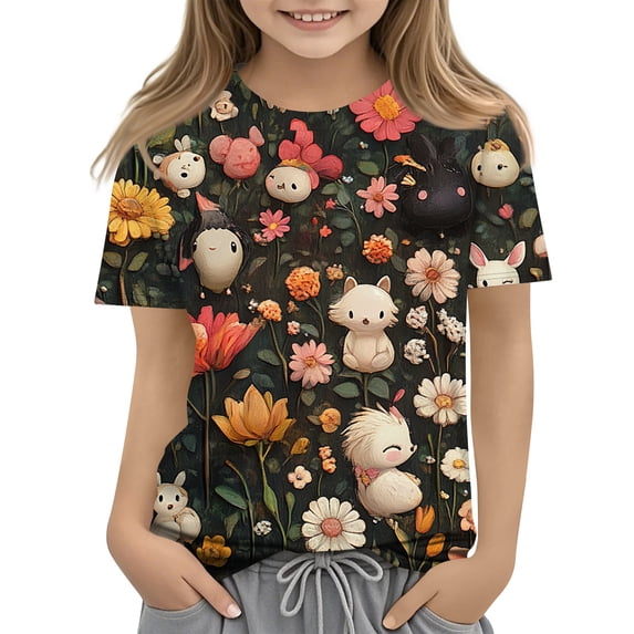 Abcomgle Girls Tshirts 8-10 Years Old Crewneck Animal Daisy Floral Toddler Girls T-Shirts Short Sleeve Tshirts Toddler Summer Dressy Cotton Toddler Tops Girls,Light Green,12-13Years