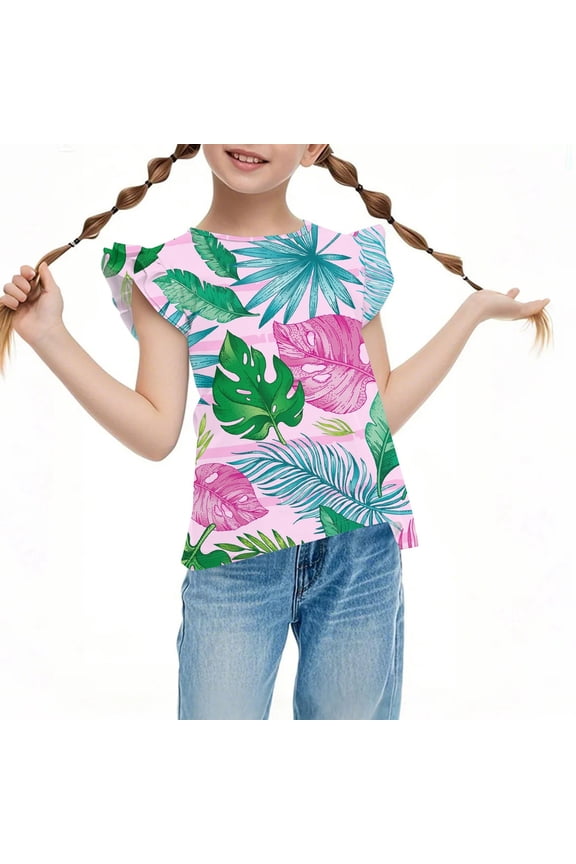 Girls Tshirts 8-10 Years Old Crewneck Hawaian Palm Tree Tshirt Ruffle Short Sleeve Girls Shirts Summer Fashion Cotton Tops 12-14 Years,Pink