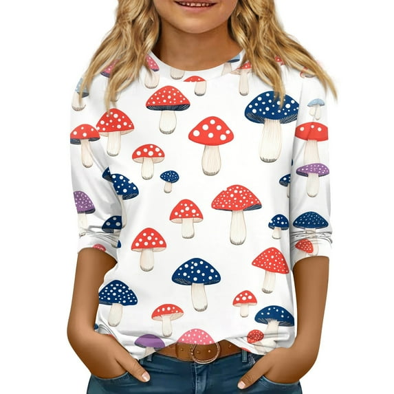 Abcomgle Girls Tshirts 8-10 Years Old Crewneck Mushroom Graphic Girls Shirts 3/4 Sleeve Tshirt Summer Casual Cotton Loose Toddler Tops Girls 5-6 Years,Red