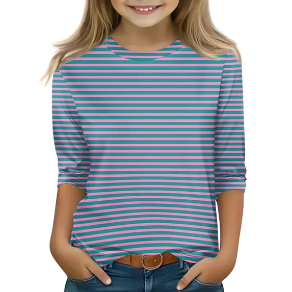 Abcomgle Girls Tshirts 8-10 Years Old Crewneck Striped Toddler Girls T-Shirts 3/4 Sleeve Tshirt Summer Fashion Cotton Tee Tops Girls