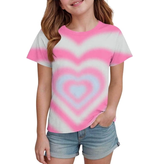 Abcomgle Girls Tshirts 8-10 Years Old Crewneck Tie Dye Love Heart Print Toddler T-Shirt Short Sleeve Tshirt Summer Cute Cotton Tops