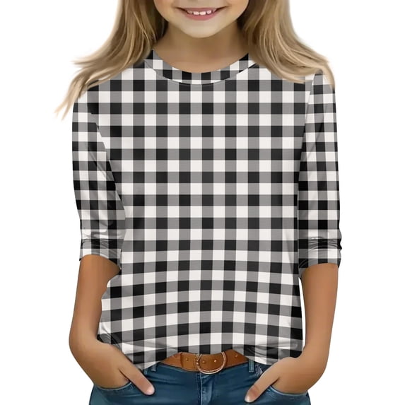 Abcomgle Girls Tshirts 8-10 Years Old Summer 3/4 Sleeve Tshirts Toddler Plaid Girls Shirts Cute Crewneck Cotton Tops