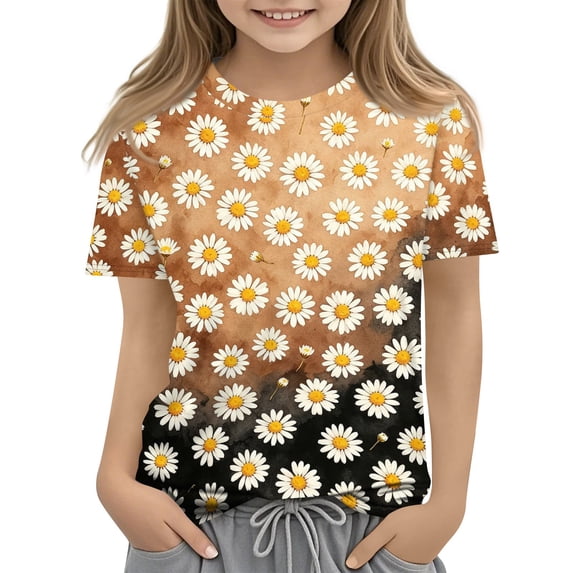 Abcomgle Girls Tshirts 8-10 Years Old Summer Short Sleeve Tshirt Daisy Flower Print Toddler T-Shirt Fashion Crewneck Cotton Tee Tops Girls