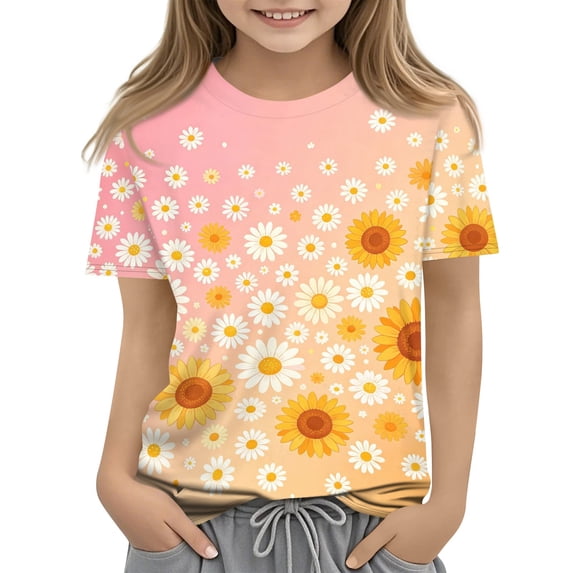Abcomgle Girls Tshirts Crewneck Daisy Sunflower Print Toddler Girls T-Shirts Short Sleeve Tshirt Summer Trendy Cotton Tops