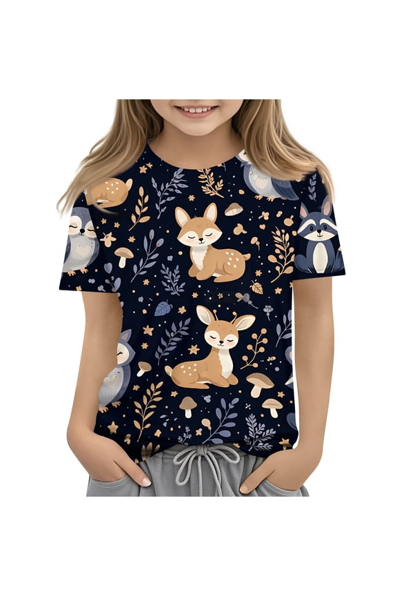 Girls Tshirts Crewneck Deer Grahic Tshirt Short Sleeve Tshirts Toddler Summer Fashion Cotton Tee Tops Girls