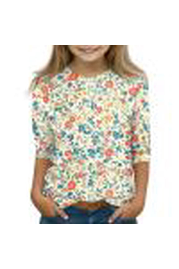 Girls Tshirts Crewneck Floral Print Girls Shirts 3/4 Sleeve Tshirts Toddler Summer Dressy Cotton Linen Tops,8-9 Years