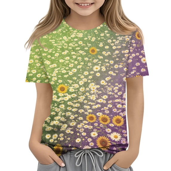 Abcomgle Girls Tshirts Crewneck Short Sleeve Daisy Sunflower Print Tops Summer Fashion Cotton Girls Shirts Cute Girls Blouse