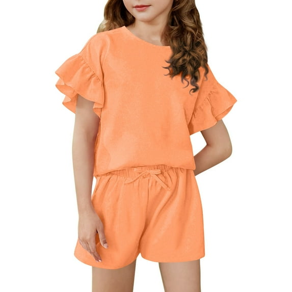 Abcomgle Girls Short Sets Size 10-12 Girls Two Piece Outfits Ruffle Sleeve T-Shirts and Elastic Waist Shorts Cute Casual Girls Outfits 4-5 Years,Orange