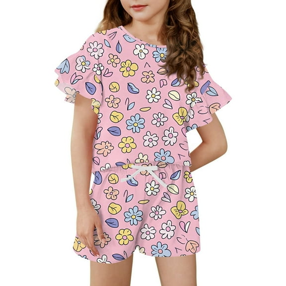 Abcomgle Girls Two Piece Sets 10 -12 Gradient Ruffle Sleeve T Shirts and Elastic Waist Shorts Cute Casual Summer Sets for Girls 12-13 Years,Pink