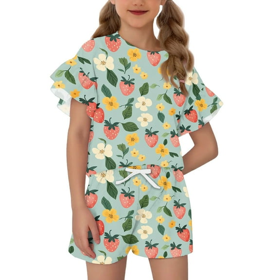 Abcomgle Girls Two Piece Sets 10 -12 Gradient Ruffle Sleeve Tee Top and Elastic Waist Shorts Cute Trendy Summer Sets for Girls 8-9 Years,Mint Green