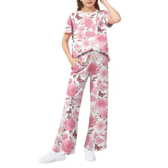 Abcomgle Girls Two Piece Sets Size 7-8 Butterfly Graphic Short Sleeve T Shirts and Wide Leg Pants Set Cute Trendy Girls Lounge Set,13-14 Years