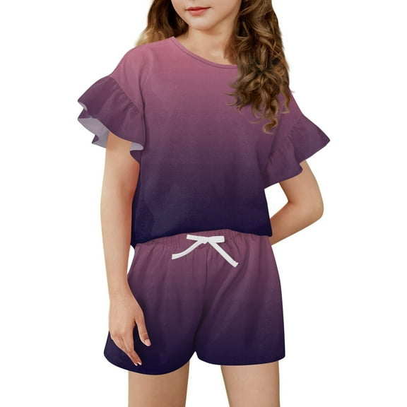 Abcomgle Girls Two Piece Sets Size 7-8 Gradient Ruffle Sleeve Shirts and Elastic Waist Shorts Cute Casual Girls Outfits 6-7 Years,Purple