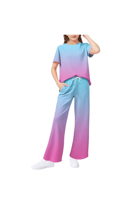 Girls Two Piece Sets Size 7-8 Gradient Short Sleeve Tee Top and Wide Leg Pants Set Cute Casual Girls Sweatsuit,9-10 Years