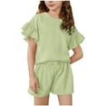 thumbnail image 1 of Abcomgle Girls Short Sets Size 7-8 Girls Two Piece Outfits Ruffle Sleeve Tshirts and Elastic Waist Shorts Cute Casual Girls Outfits 14-15 Years,Green, 1 of 3