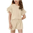 thumbnail image 1 of Abcomgle Girls 2 Piece Outfits Size 7/8 Ruffle Sleeve T Shirts and Drawstring Shorts Cute Trendy Girls' Clothing Sets 6-7 Years,Beige, 1 of 3